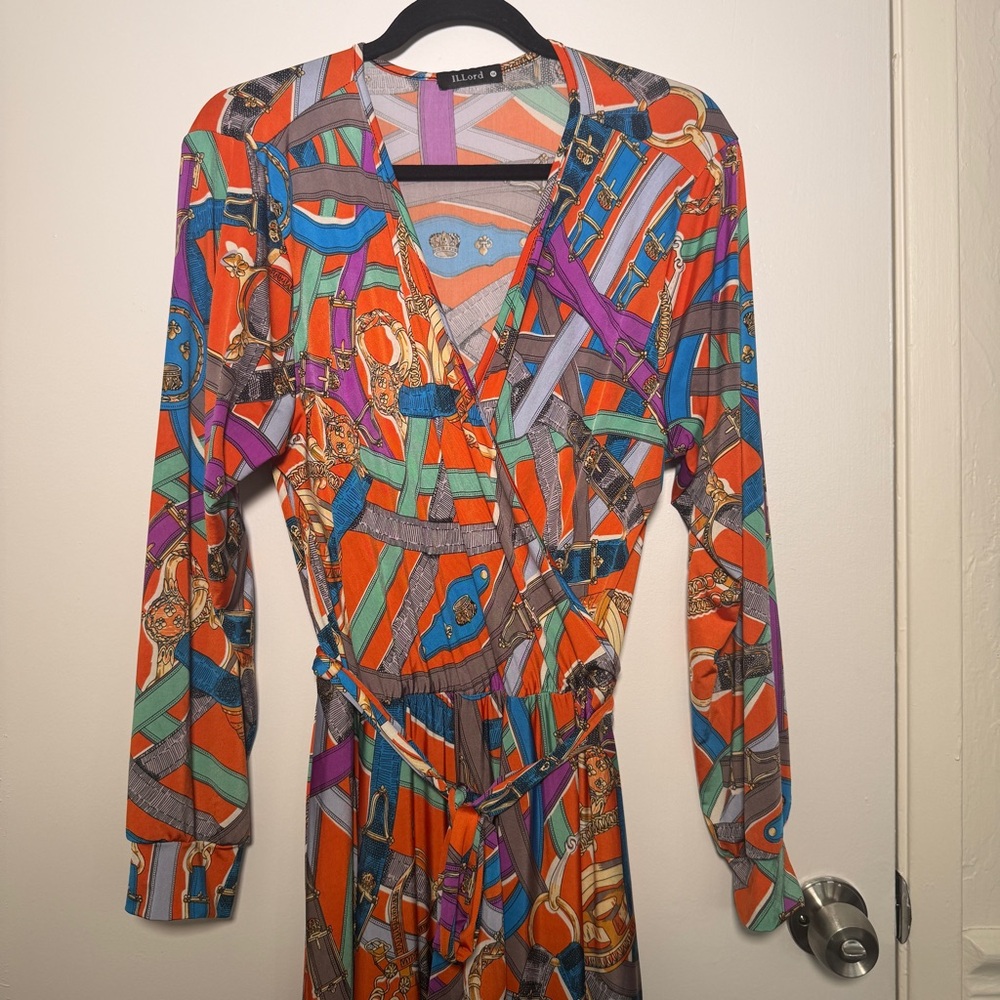 ILLord Bold Multicolor Long Sleeve Belted Dress Belt Graphics 1X
